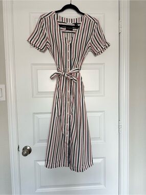 Striped Button-Front Tie-Waist Midi Dress in White, Red & Navy